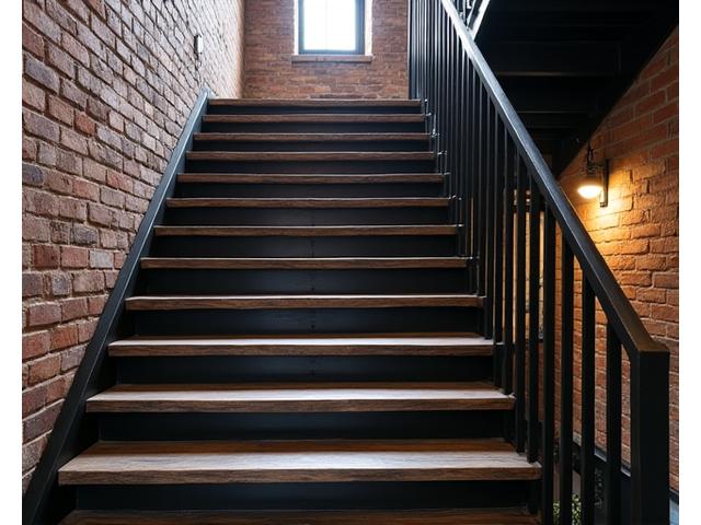 Industrial-chic staircase featuring reclaimed wood treads and black metal risers in an urban loft